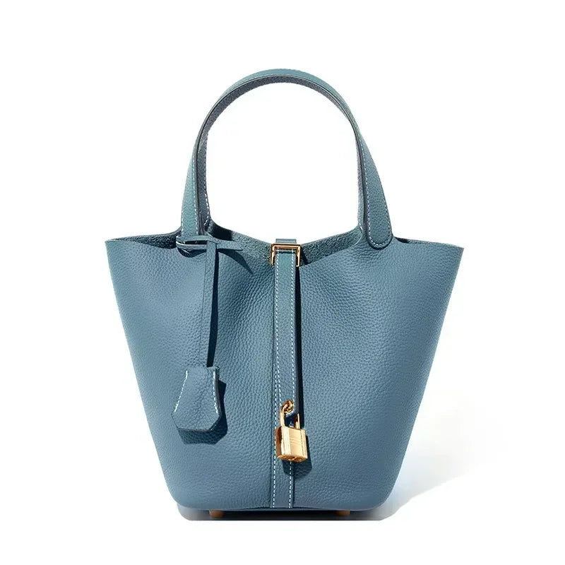 RAINBOW New Genuine Leather Luxury Bag Fashion Women'S Handbag Vegetable Basket Style Portable Women Bucket Bag with Lock