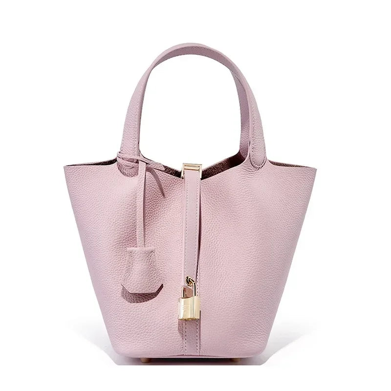 RAINBOW New Genuine Leather Luxury Bag Fashion Women'S Handbag Vegetable Basket Style Portable Women Bucket Bag with Lock