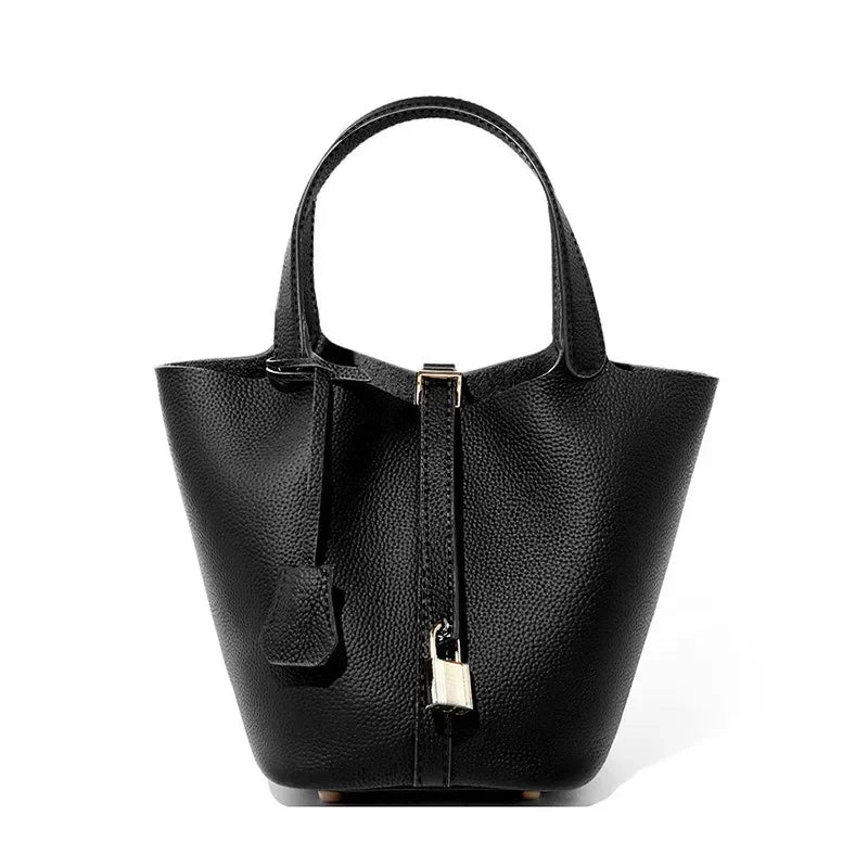 RAINBOW New Genuine Leather Luxury Bag Fashion Women'S Handbag Vegetable Basket Style Portable Women Bucket Bag with Lock