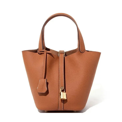 RAINBOW New Genuine Leather Luxury Bag Fashion Women'S Handbag Vegetable Basket Style Portable Women Bucket Bag with Lock