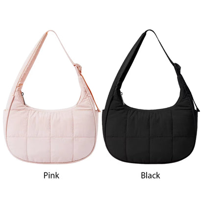 Puffer Crescent Bag for Women Quilted Shoulder Bag Nylon Adjustable Strap Shoulder Purse with Zipper for Work Travel